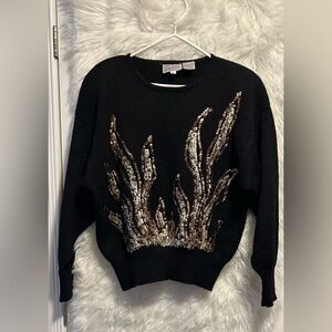 Vintage Black Sequin Embellished Sweater with Shoulder Pads